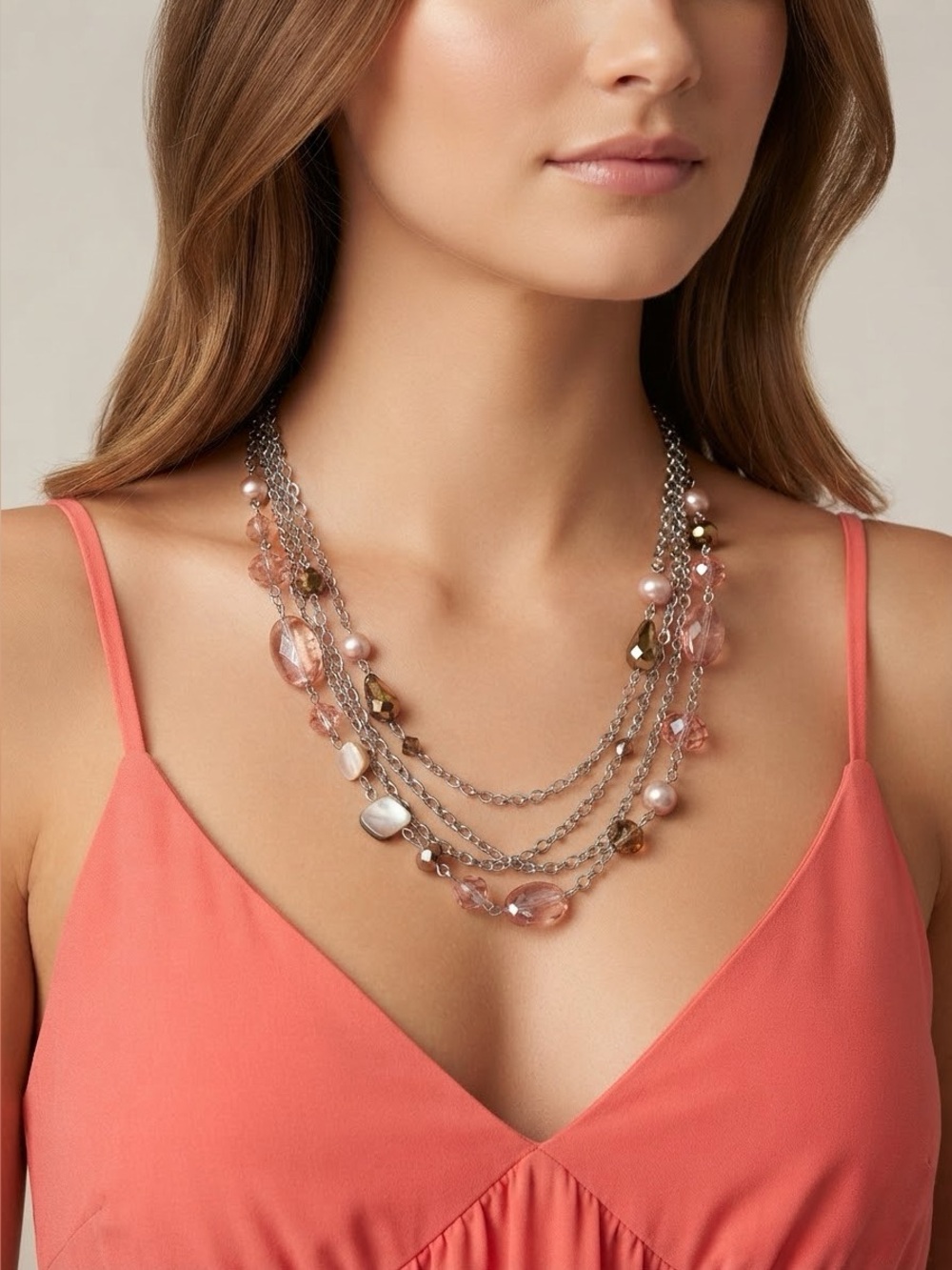 Vintage Multi-Strand Statement Necklace | Pink Peach Lucite Amber Faux Pearl